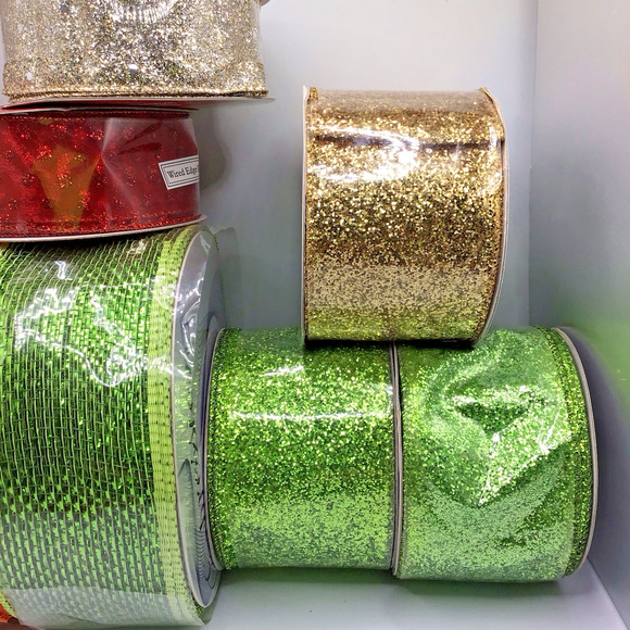 Holiday Ribbon Lot 7 Rolls 2.5" & 1.5" Wired Glitter Mesh Expressions Caffco - Picture 4 of 13